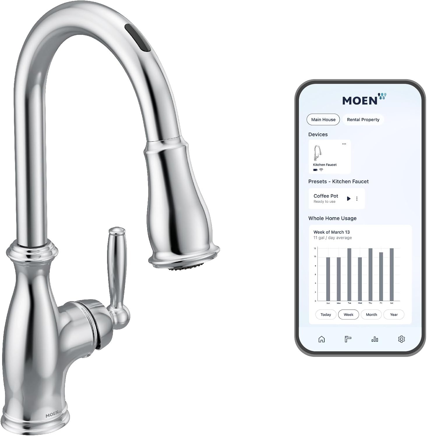 Moen Brantford Chrome Smart Faucet Touchless Pull Down Sprayer Kitchen Faucet with Voice Control and Power Boost, 7185EVC