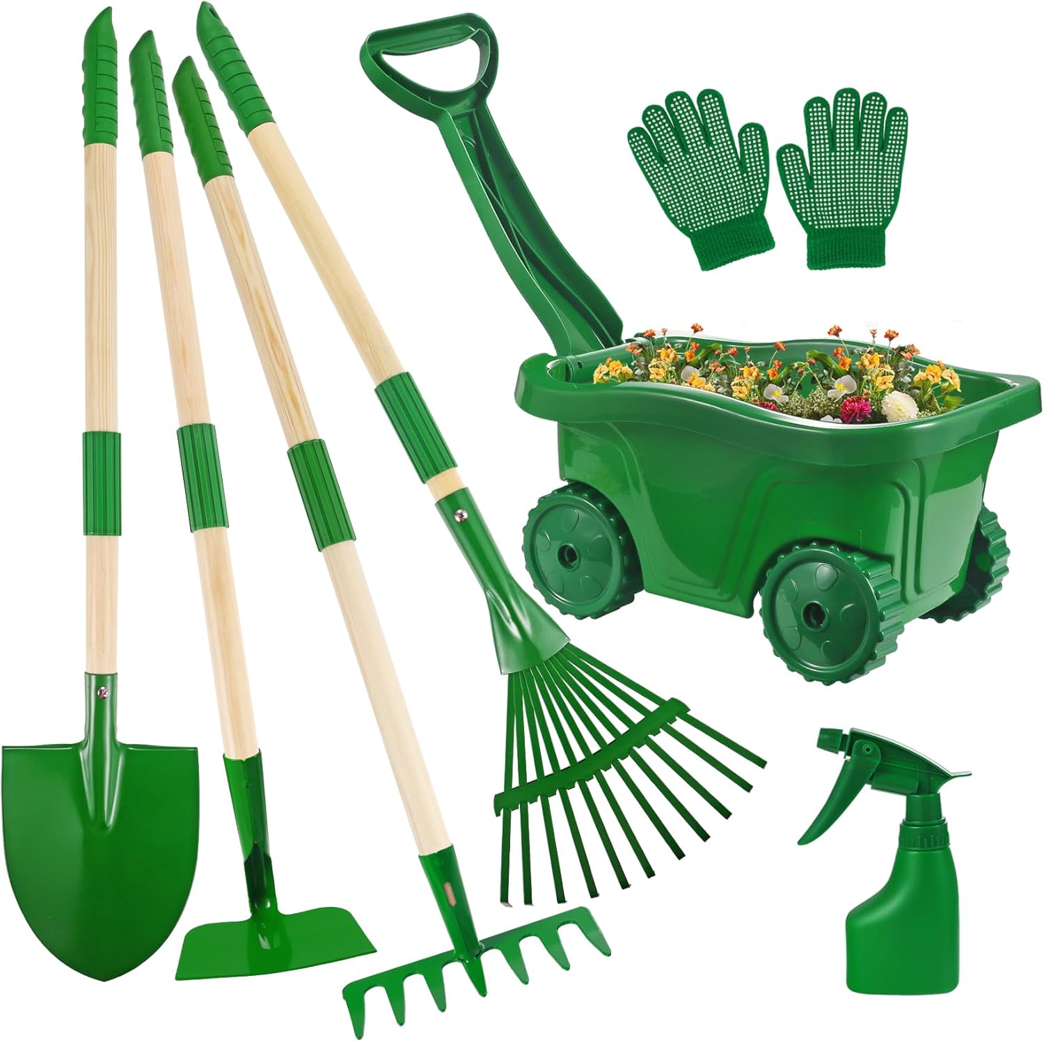 Duckura Kids Gardening Tools Set - 7pcs Wheelbarrow Set for Kids with Shovel, Rake, Leaf Rake, Summer Outdoor Yard Digging Weed. For Boys Girls Age 2, 3+ Years(Green)