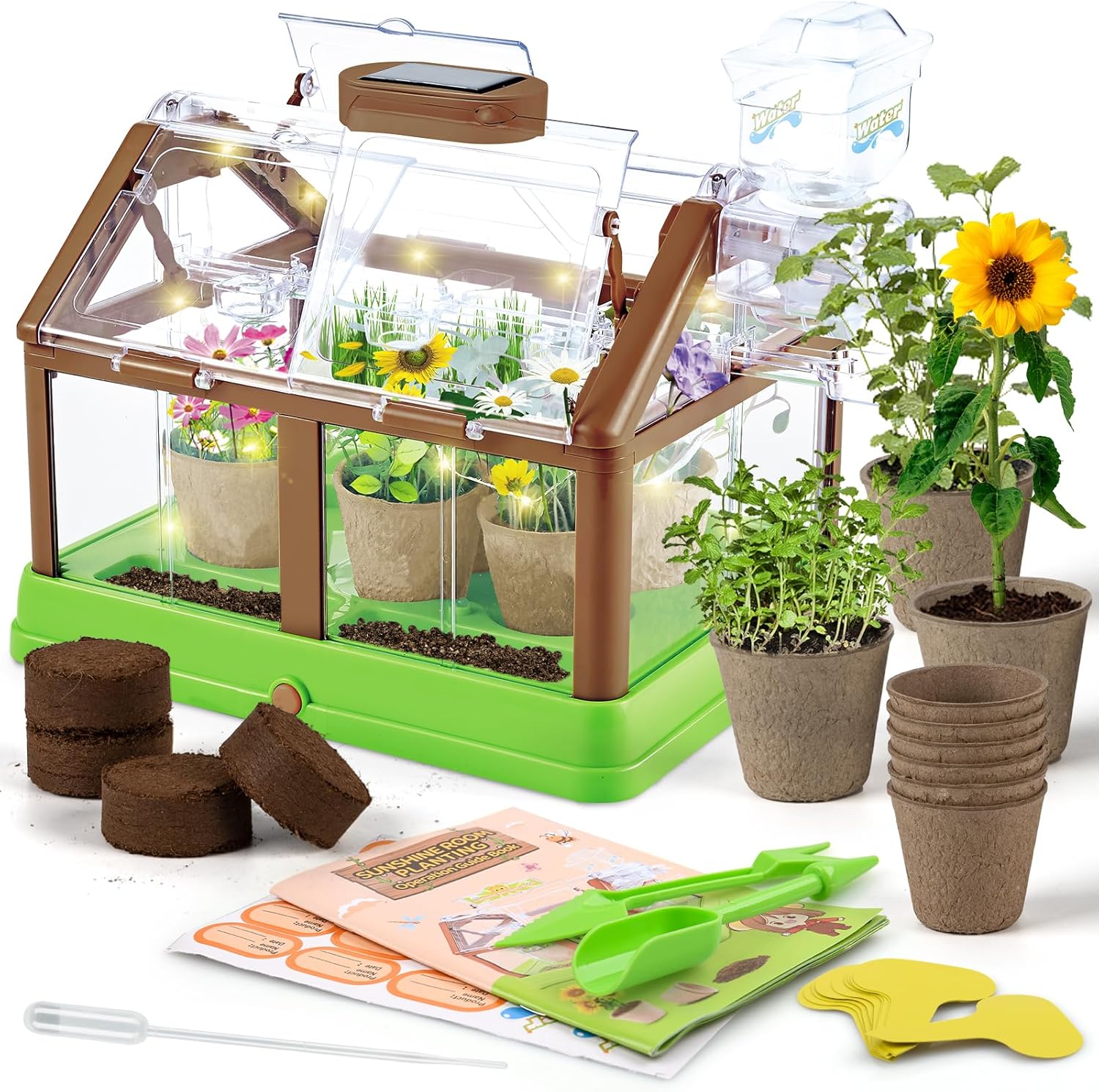 Kids Plant Growing Kit - Kids Greenhouse & Flower Growing Kit with Upgraded Irrigation & Grow Light – Perfect Gardening for Kids Solar Green）
