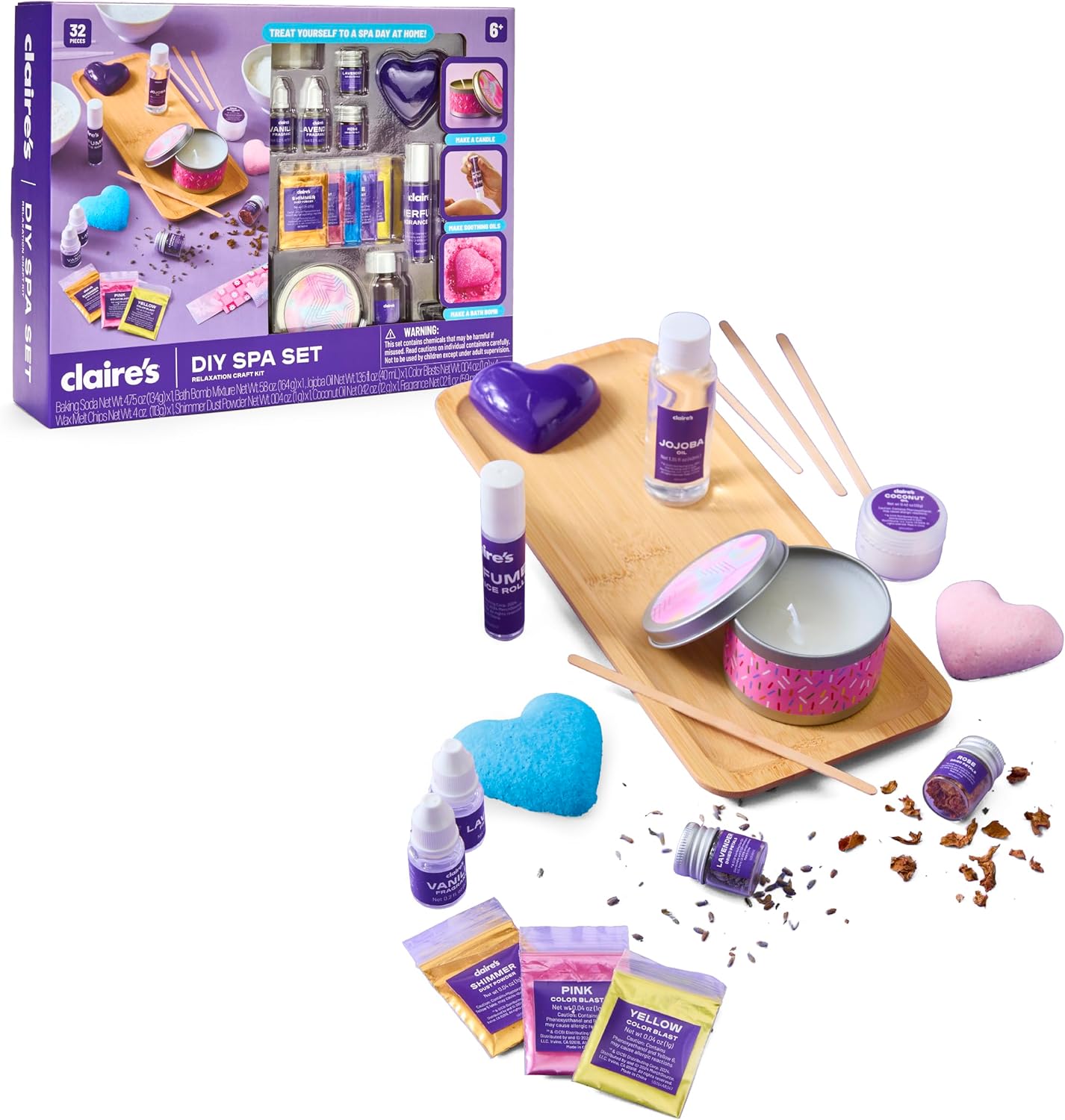 Claire’s DIY Bath Bomb & Scented Candle Making Set, 32-Piece Spa Craft Kit, Make Your Own Soothing Oils & Perfume Fragrance, Kids Toys, Science Beauty Project Activity, Arts & Crafts Gift for Ages 6+