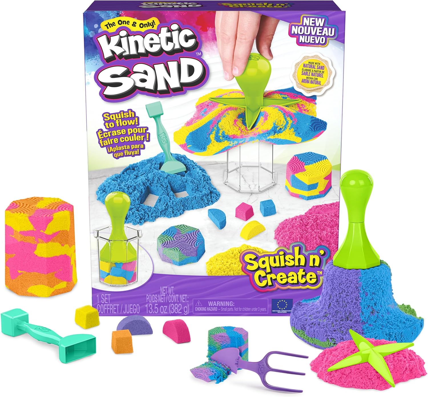 Kinetic Sand, Squish N’ Create Playset with 13.5oz Blue, Yellow & Pink Play Sand, 5 Tools, Sensory Toys, Holiday Gifts & Stocking Stuffers for Kids Ages 3 and up