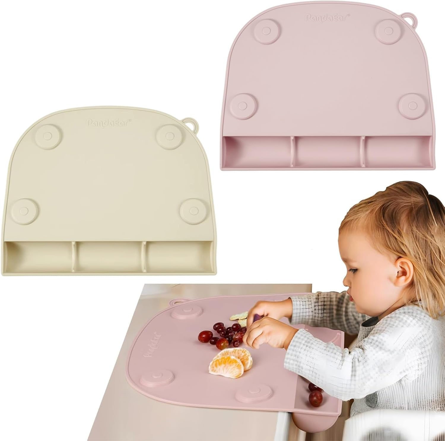 PandaEar 2 Pack Suction Silicone Placemat for Toddlers Kids| Food Grade Toddler Place Mat for Dining Table & Restaurants Baby Eating| Baby Placemat That Stick to Table（Pink + Linen